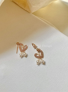 【M】手作自制法式清新爱心型14L包金珍珠吊坠耳钉耳环复古高级女