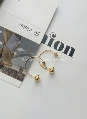 【M】手作自制S925银针铜镀14K金C型耳圈小金球吊坠时尚耳环耳饰