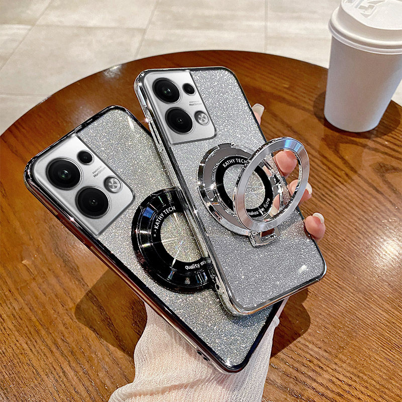 适用OPPOPGW110手机壳透明闪粉硅胶女款OPPORENO9PRO十 5G保护套电镀磁吸CD支架oppopgw110防摔新款全包软边