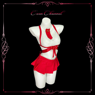 even学姐：暮红蜜语*性感蕾丝透视深V蝴蝶结绑带约会纯欲内衣套装