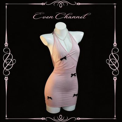 纯欲轻纱蝴蝶结珍珠挂脖包臀睡裙