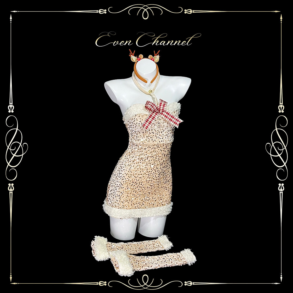 性感圣诞亮片毛绒气质挂脖抹胸裙