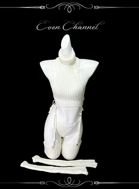 even学姐：云朵慕斯*纯欲圣诞白色针织露背毛衣内衣吊带袜套装