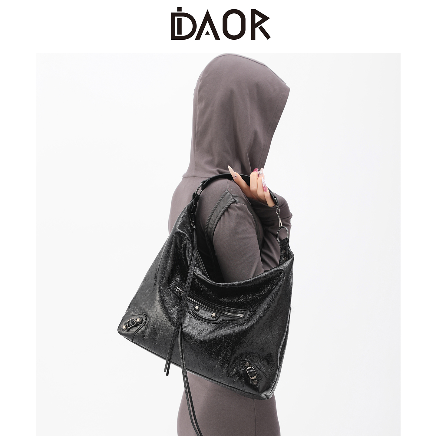 DAOR油蜡牛皮酷飒铆钉HOBO托特包
