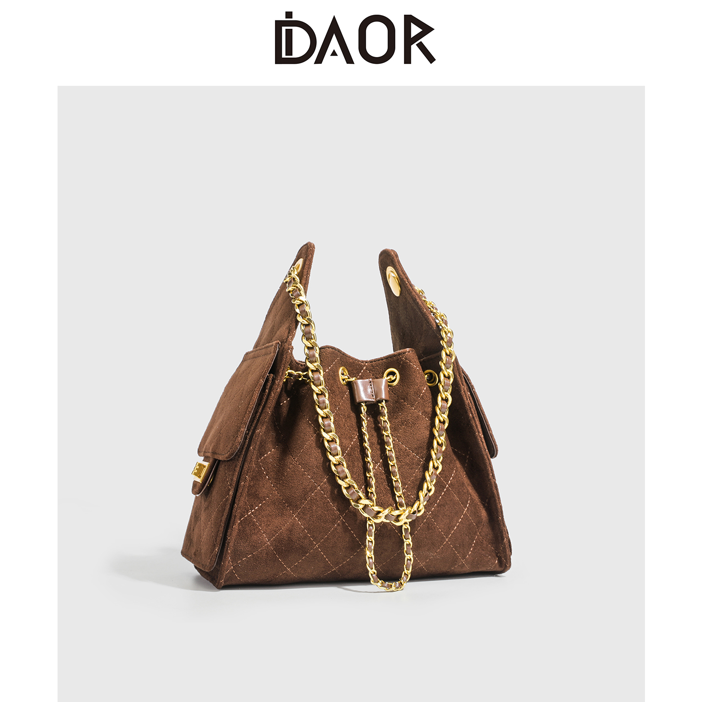 DAOR小香风麂皮绒抽绳链条水桶包