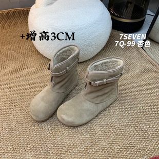七舍物2025新款 百搭休闲女靴厚底圆头羊羔毛保暖雪地靴女 真皮时尚