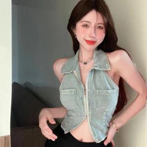 性感辣妹polo领挂脖牛仔吊带背心女夏外穿短款美背无袖马夹上衣潮