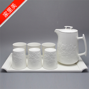 顺祥浮雕8件托盘茶具创意浮雕水壶 水杯带托盘水具家用组合装