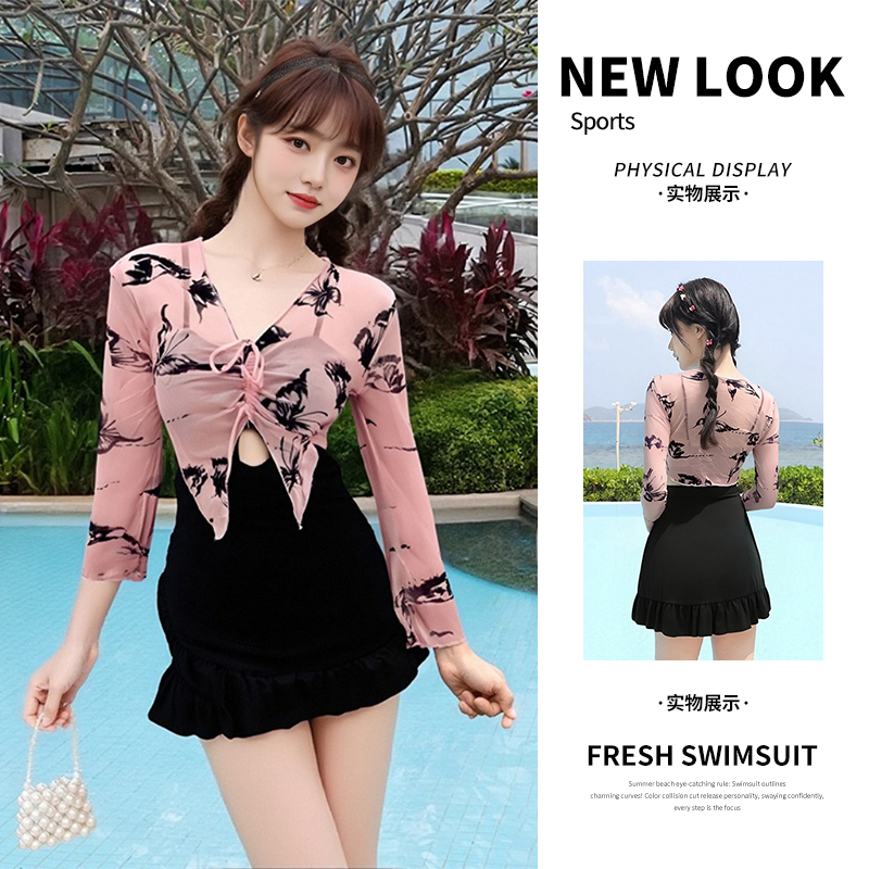 2025新款泳衣女甜美小香风连体两件套显瘦长袖防晒海边度假泳装