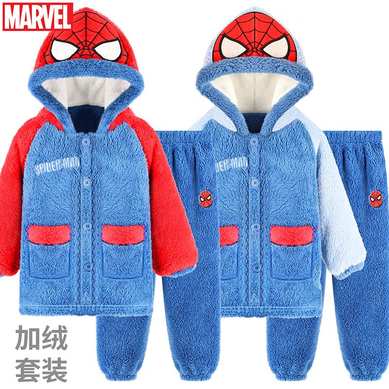 迪士尼蜘蛛侠男童珊瑚绒加绒加厚睡衣套装儿童家居服法兰绒冬装