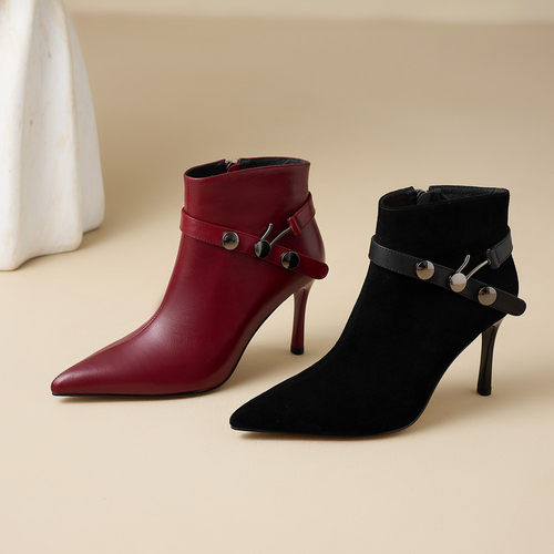 复古大牌风铆钉扣带真皮细高跟短靴气质尖头时装女鞋 酒红牛皮8cm
