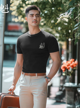道魁奢品 男士短袖复古休闲黑色音乐盒T恤气质高端专柜打底衫上衣
