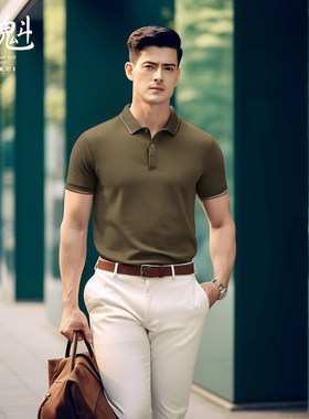 道魁奢品 男士短袖休闲轻商务纯色条纹polo 气质高端专柜翻领T恤