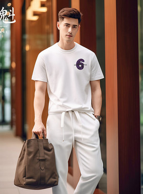 道魁奢品 男士短袖清新白色复古6卡通T恤 气质高端专柜打底衫上衣