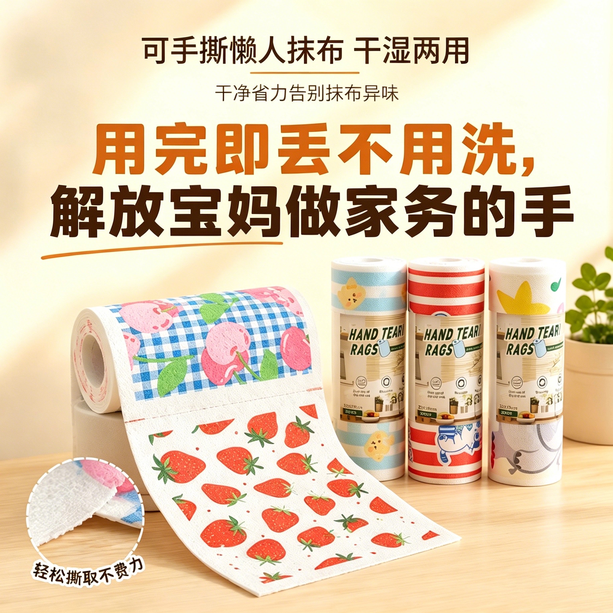 ins风手撕抹布卡通水果手绘图案懒人周抛抹布厨房清洁洗碗百洁布