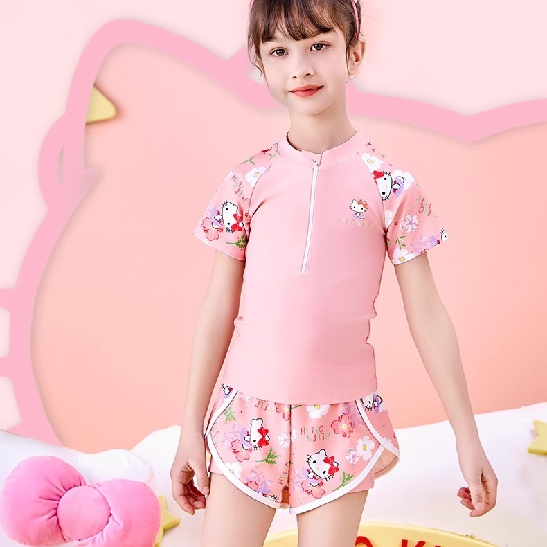 kitty儿童泳衣女童分体凯蒂猫游泳装嗨喽kt短袖短裤宝宝温泉套装