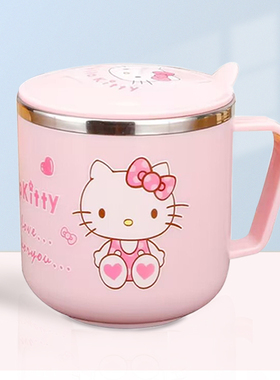 hallo kitty水杯儿童喝水家用卡通带盖不锈钢凯蒂猫杯子勺子套装