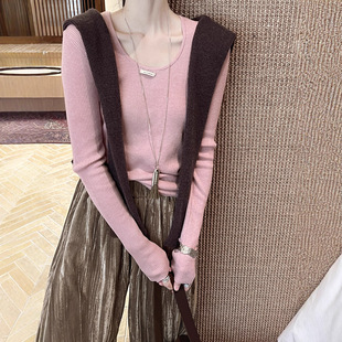 针织衫 初打十三行秋新款 羊毛修身 简约坑条U领打底衫 女ZA6038 法式