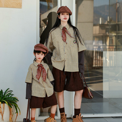 一起玩复古格纹亲子装母女母子春款假两件刺绣衬衫儿童学院风衬衫