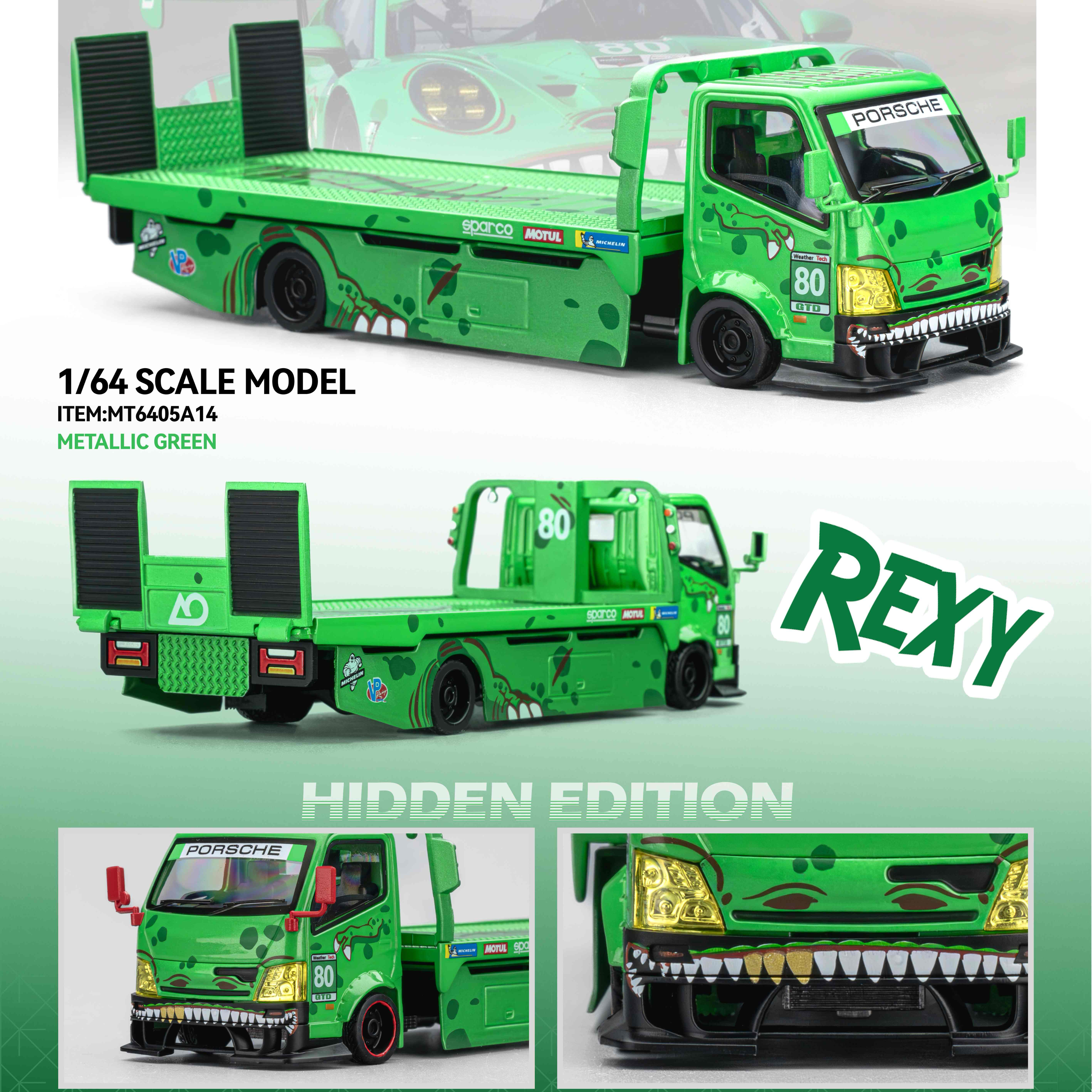 定 Micro Turbo MT 1:64 全落地平板改装拖车绿恐龙涂装 合金车模