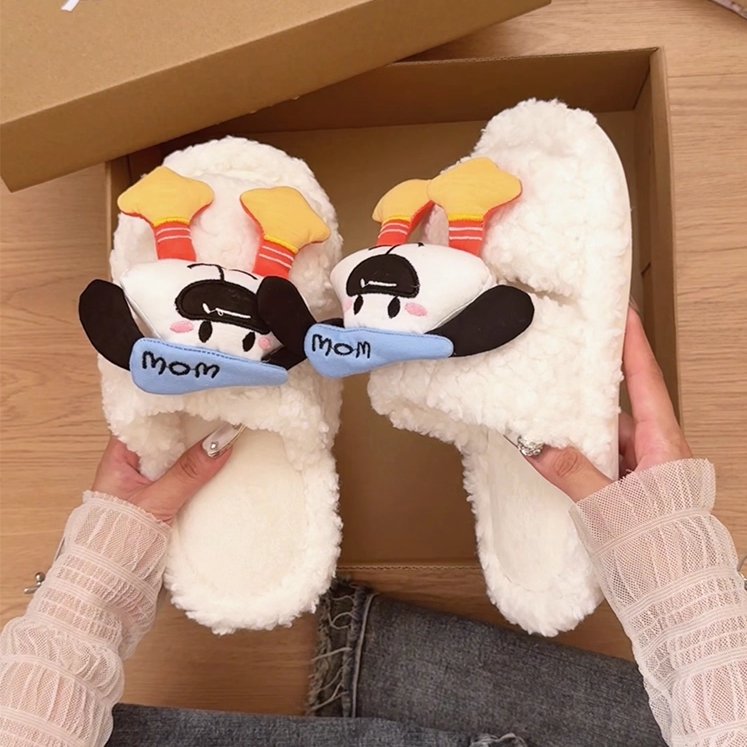 卡通小狗毛毛拖鞋女2025冬新款外穿居厚底休闲保暖加绒防滑半拖鞋