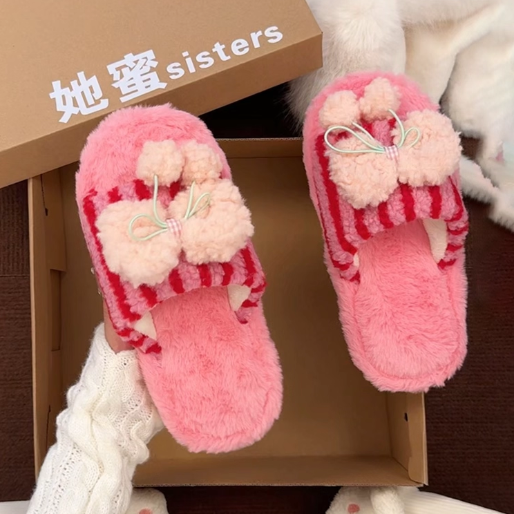 可爱毛毛拖鞋女2025秋冬新款外穿居家条纹蝴蝶结少女心一字棉拖鞋,女鞋,一字拖,淘宝优惠券,粉丝福利购,淘宝优惠卷
