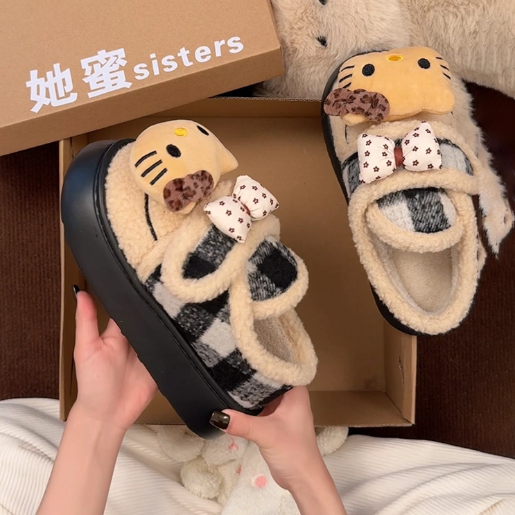 可爱蝴蝶结KT猫羊羔毛包头毛毛拖鞋女冬外穿厚底棉拖加绒保暖棉鞋