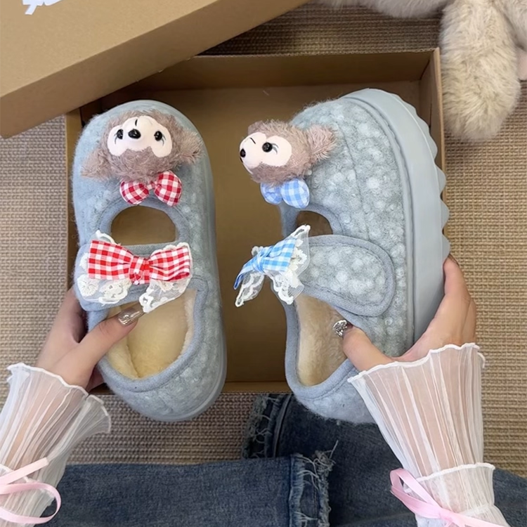 可爱魔术贴雪莉玫棉拖鞋女2025冬季外穿保暖加绒加厚一脚蹬雪地靴