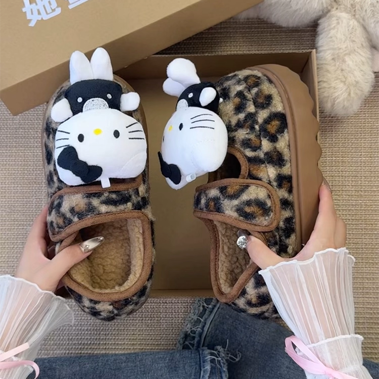 HelloKitty豹纹kt猫毛毛拖鞋女2025冬新款外穿保暖棉拖鞋包头拖鞋