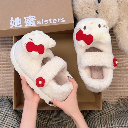 hellokitty棉拖鞋女外穿冬厚底保暖毛毛拖鞋卡通可爱踩屎感雪地靴