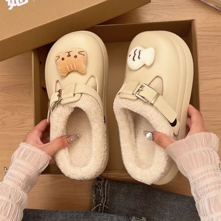 可爱加绒保暖毛毛棉拖女外穿2025冬新款增高厚底EVA包头拖半拖鞋