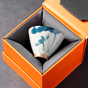 冰片釉纯手绘荷花斗笠杯品茗杯开片陶瓷功夫茶杯釉下彩主人杯单杯