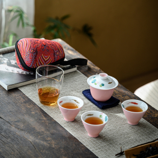 手绘樱花粉色釉一壶三杯户外便携旅行包陶瓷快客女士功夫茶具套装