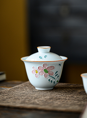 手绘小号盖碗功夫茶具单个二才迷你试茶敬茶碗一人用小盖碗100ml