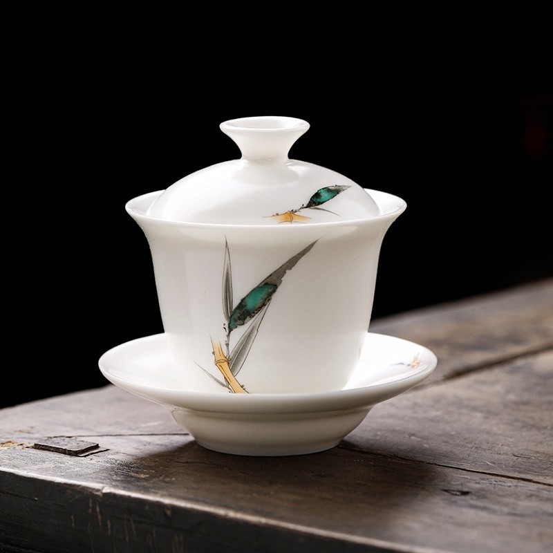 德化白瓷中国白三才素烧盖碗茶杯羊脂玉陶瓷单个茶碗带盖高端茶具
