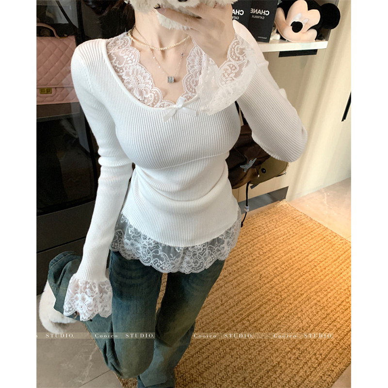 纯欲绝美蕾丝拼接打底衫女秋冬