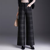直筒休闲女裤 毛呢复古格子阔腿裤 子长裤 高腰显瘦女士裤 女秋冬新款