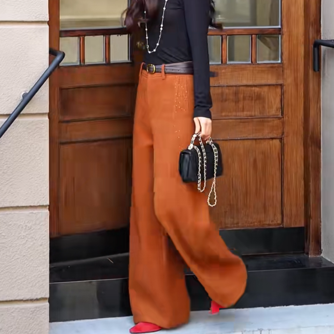 轻奢橘色亮片毛呢厚实阔腿裤