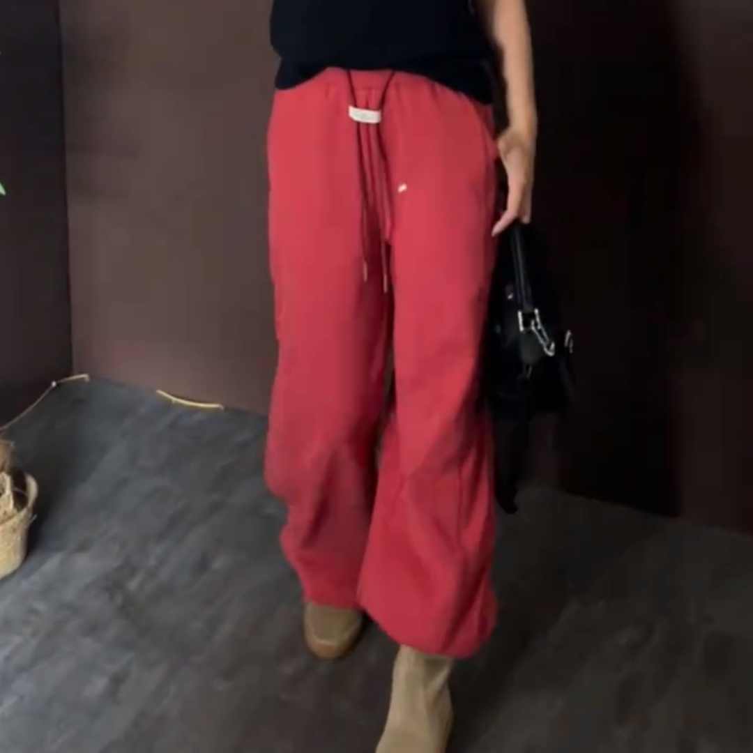 酒红色加绒保暖抽绳松紧腰直筒卫裤女冬季时尚百搭显瘦软糯阔腿裤,女装/女士精品,大码裤装,淘宝优惠券,粉丝福利购,淘宝优惠卷