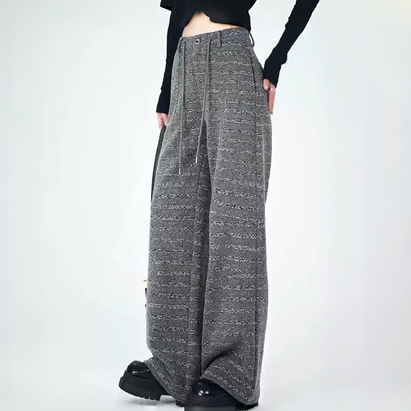 欧货灰色条纹设计毛呢厚实阔腿裤