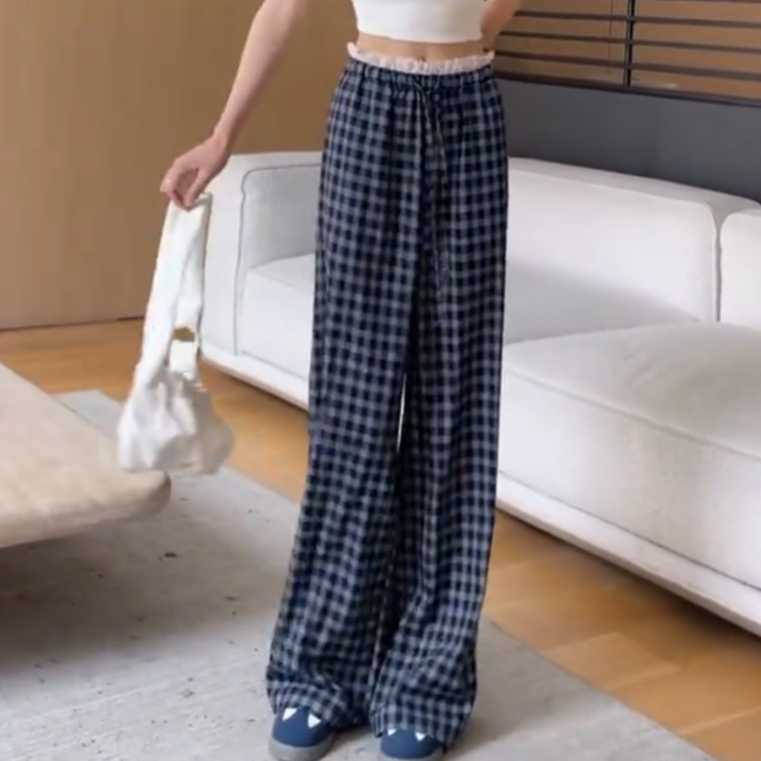 慵懒风蕾丝拼接格纹直筒遛弯裤女春夏季流行新款高腰垂感休闲裤子,女装/女士精品,大码裤装,淘宝优惠券,粉丝福利购,淘宝优惠卷