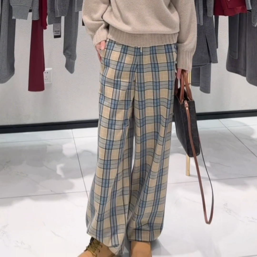 文艺风蓝色格纹加绒抽绳休闲卫裤