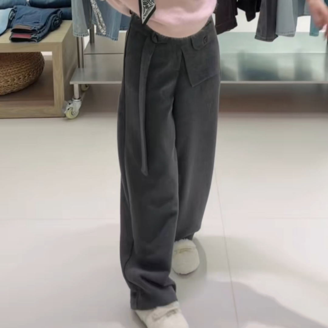 灰色毛呢加厚设计感腰带阔腿裤女