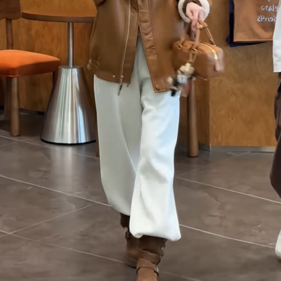 运动风白色加绒松紧腰直筒卫裤女