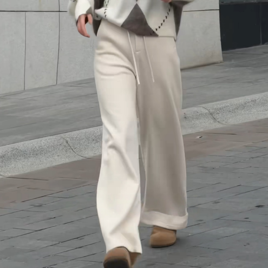 米白色加绒抽绳松紧腰休闲卫裤女