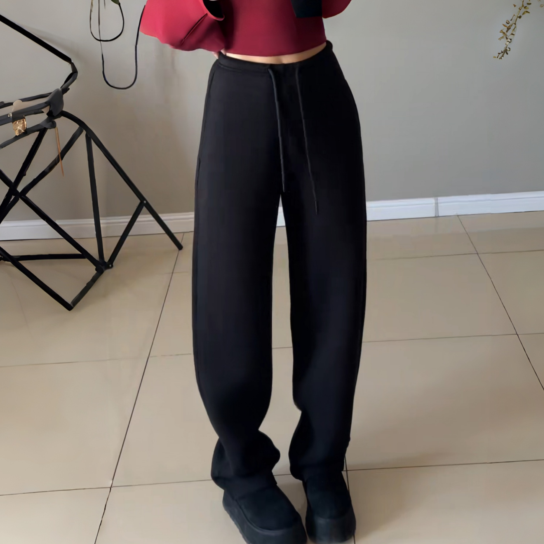 黑色窄版显瘦抽绳松紧腰弯刀卫裤春秋高腰百搭舒适软糯垂感休闲裤,女装/女士精品,大码裤装,淘宝优惠券,粉丝福利购,淘宝优惠卷