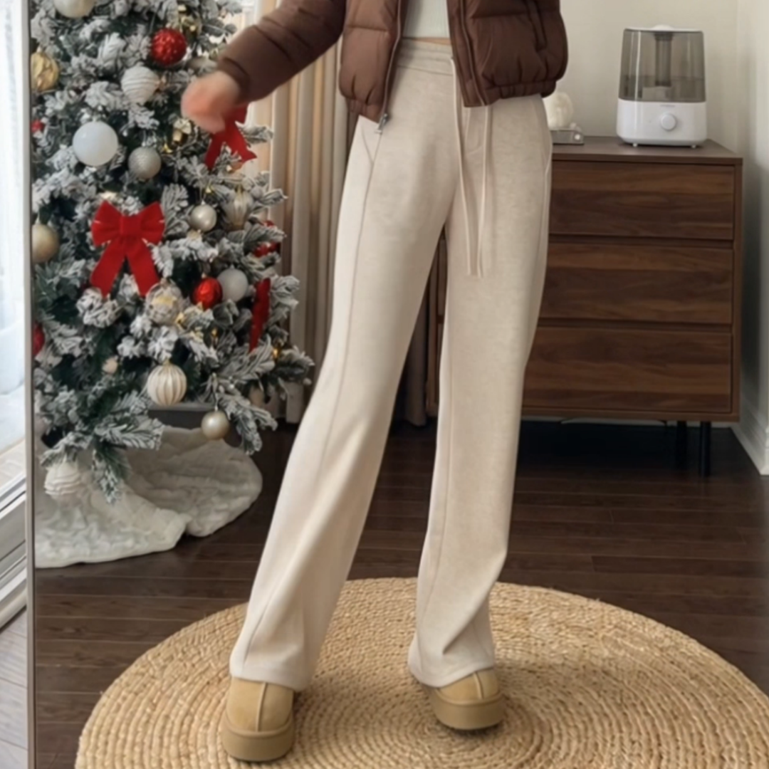 米白色加绒厚实抽绳窄版休闲卫裤