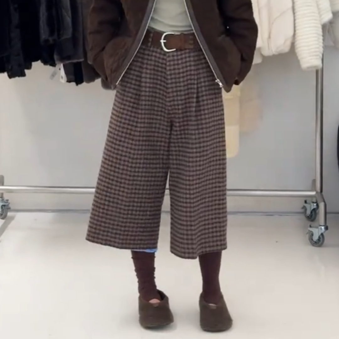 欧货格子设计感毛呢软糯舒适靴裤