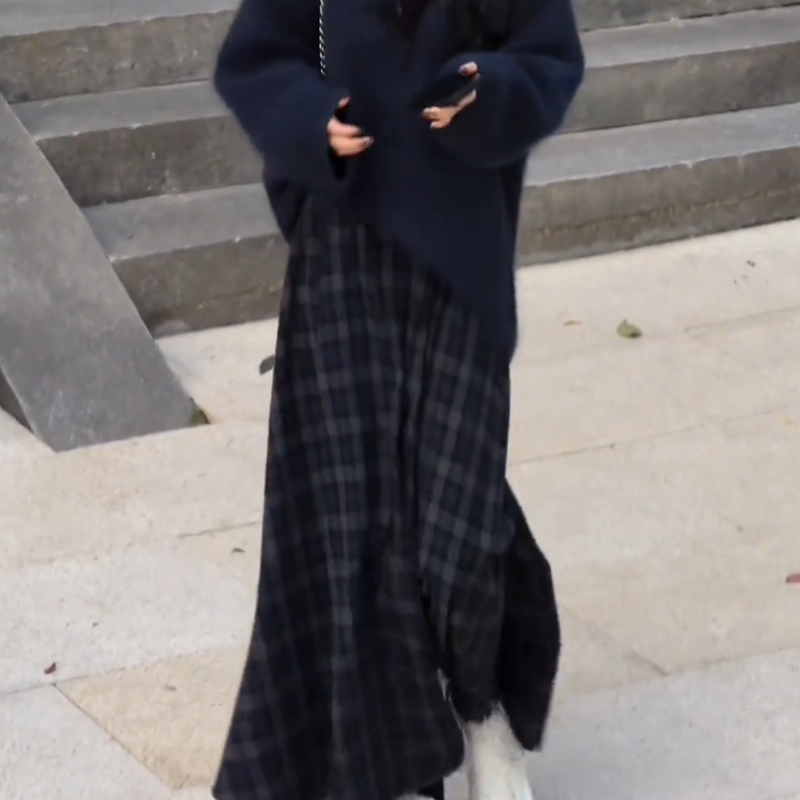 文艺风复古格纹设计感毛呢大摆半身裙女冬季时尚百搭高腰显瘦长裙