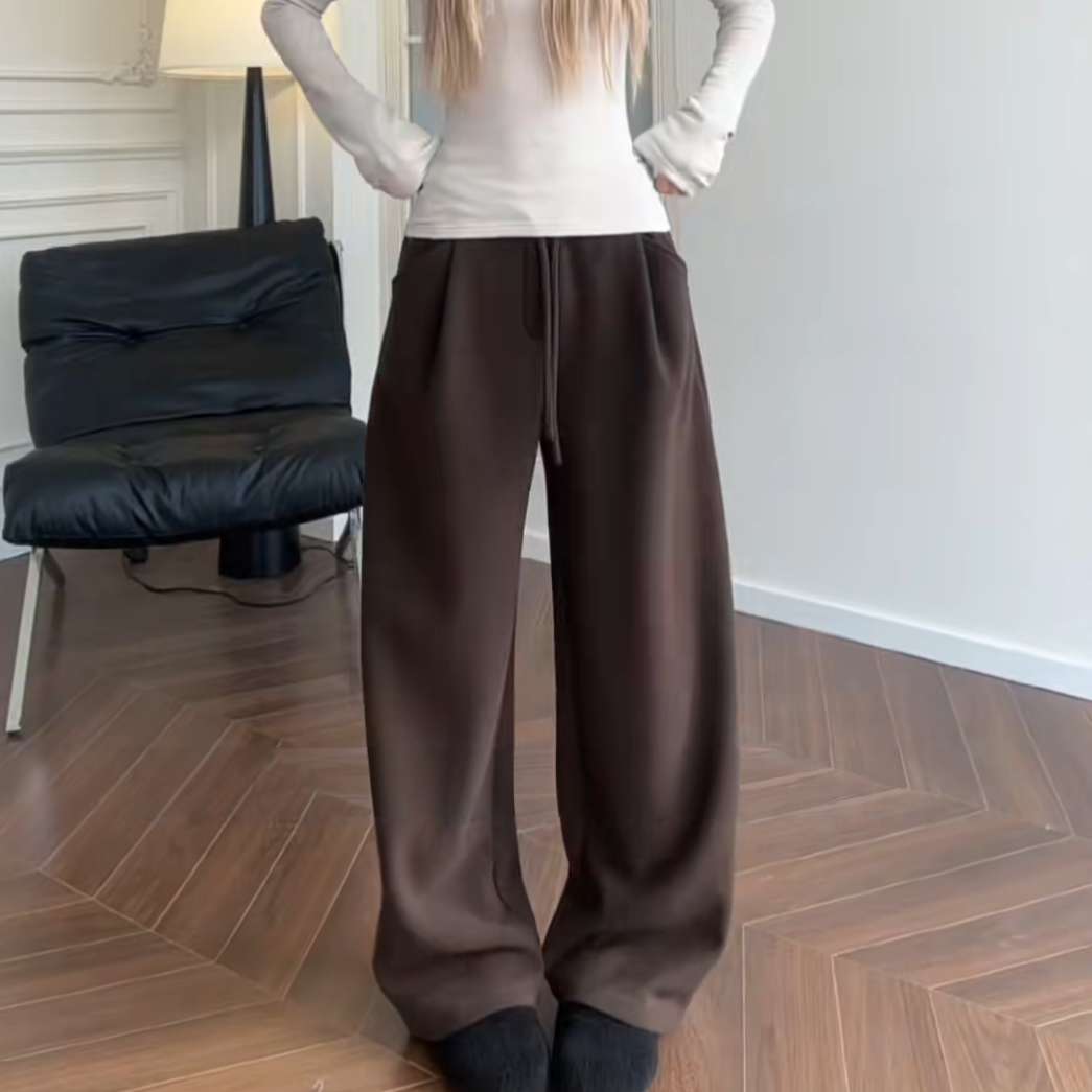 美拉德棕咖色加绒阔腿弯刀卫裤
